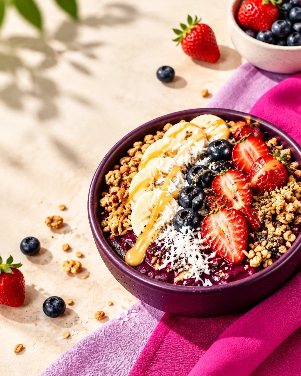 A vibrant açaí bowl topped with fresh fruit, granola and honey